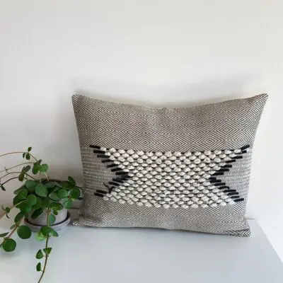 Moroccan handmade cushion cover in white and black with white wool details