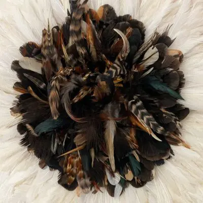 Moroccan handmade jujuhat feather decoration in shades of black, dense