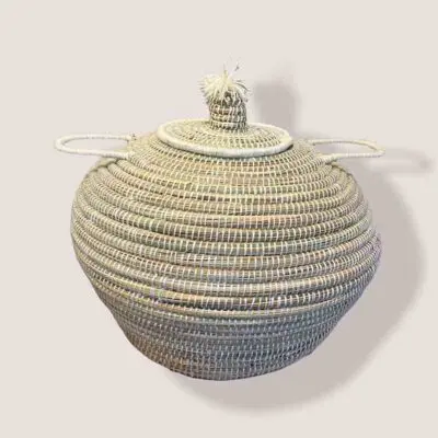Large Moroccan handmade basket in natural rattan with white threads