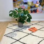 Moroccan handmade slippers in orange on top of beni ouarain rug with plant next to it