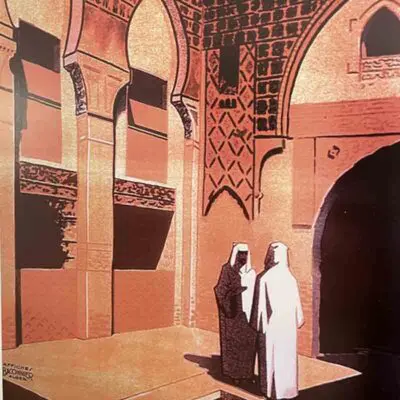 Marokkanisches Kunstwerk von zwei Männern, die sich unterhalten