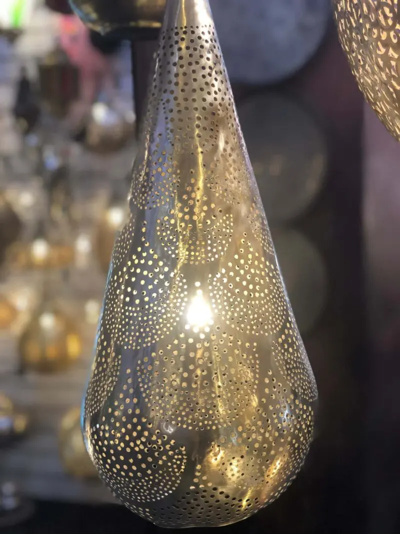 Moroccan handmade teardrop lamp, lit