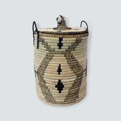 Handwoven basket with Moroccan pattern in black