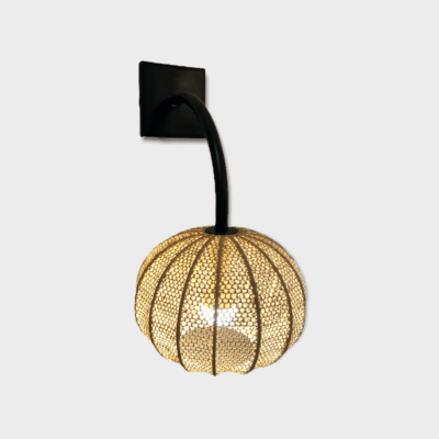 Round Moroccan handmade wall lamp in braided raffia, from the side