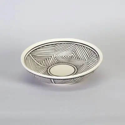 Moroccan bowl in white with black stripe pattern