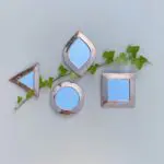 Vier Marokkaanse handgemaakte spiegels met roségouden randen in ronde, driehoekige, vierkante en ooglidvormen