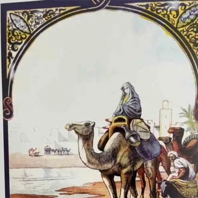 Oeuvre d'hommes marocains chevauchant des chameaux