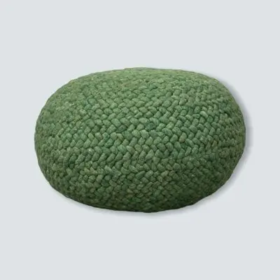 Round Moroccan hand-sewn wool pouf in green