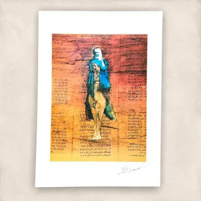 Moroccan artwork of a man riding a camel