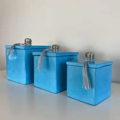 Square Moroccan stucco jars in turquoise color