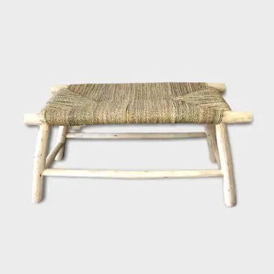 Moroccan handmade wooden bench with seat of braided raffia