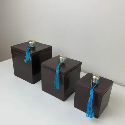 brown Square Moroccan handmade jars in stucco with blue tassels