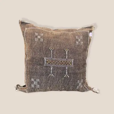 Moroccan handwoven cushion cover of cactus silk in dark brown with white details