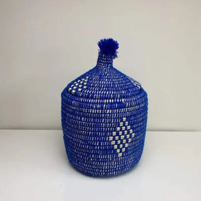 Moroccan handmade basket in blue with gold threads