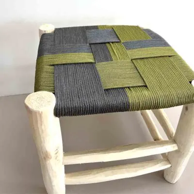 Moroccan handmade wooden stool with seat of braided cord in black and green