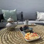 Moroccan dish in white with black stripe pattern
