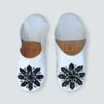 Moroccan handmade slippers in white with black sequins, front view