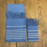 two Moroccan handwoven hammam towels in blue in small and large size