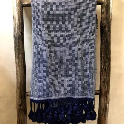 Moroccan handwoven hammam towel plaid with blue Moroccan pattern
