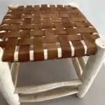 Moroccan handmade wooden stool with braided leather seat, dense