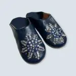 Moroccan handmade slippers in midnight blue, with sequins on them