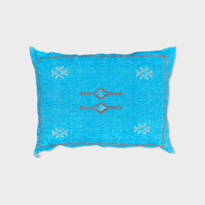 Moroccan handwoven cactus silk cushion cover in turquoise