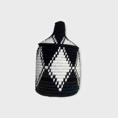 Berber basket with large diamond-shaped pattern in black and white