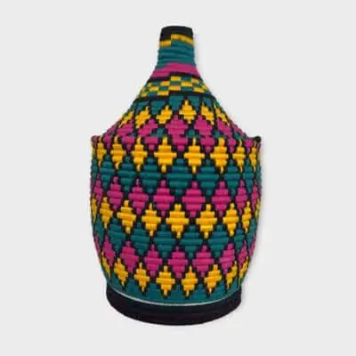 Large Berber basket FLEURIE Diamond-shaped pattern in green, yellow and pink.