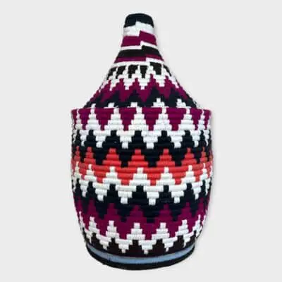 Large Berber basket in red, violet and white zigzag patterns