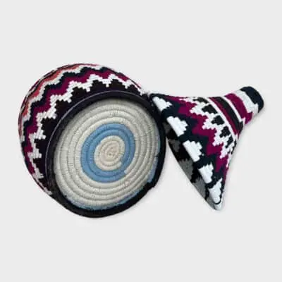 Large Berber basket in red, violet and white zigzag patterns