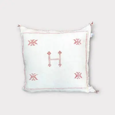 cactus silk cushion cover white with ocher embroidery