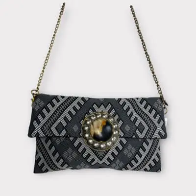 Handbag ODETTE with black and gray patterned fabric