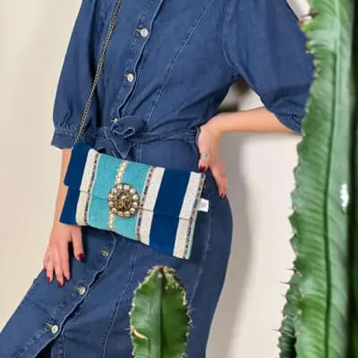 Handbag in blue tones DELPHINE in soft velor fabric