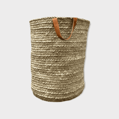 Moroccan handwoven basket with leather handle