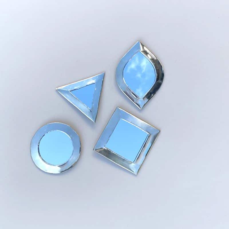 Fire marokkanske håndlavede spejle med sølvmetal kanter i rund, trekantet, firkantet og øjenlågs former