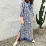 Tibladin Denin Leaf Dress Medium 1.jpg Model in Moroccan handwoven denim dress with leaf pattern