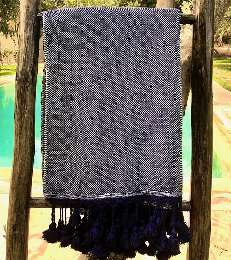 Marokkansk håndvævet hammam håndklæde plaid med blåt marokkansk mønster