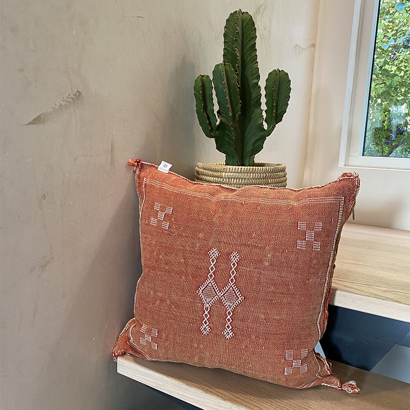 Marokkansk håndvævet pudebetræk af kaktussilke i terracotta farve med hvide detaljer, siddende på et bord med en kaktus bagved