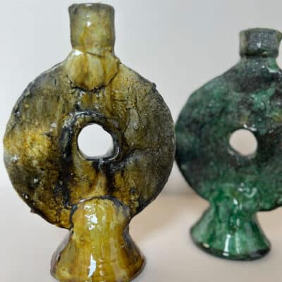 Marokkanischer Kerzenhalter aus Tamegroute-Keramik, grün und gelb