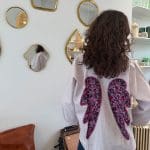 Shirt_ANGEL BERRY_M shirt with old pink and white stripes with long sleeves and sewn angel wings on the back