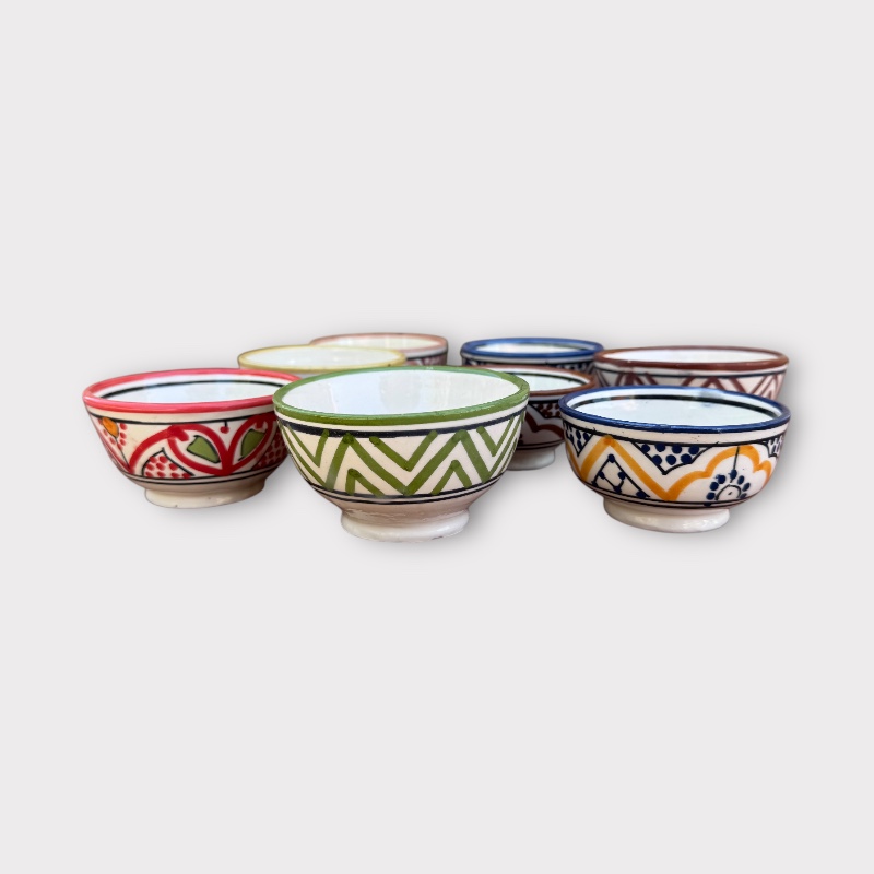 Marokkansk skål 10 cm rund side flere varianter Marokkaanse keramische kom rond 10 cm meerdere kleuren zijkant