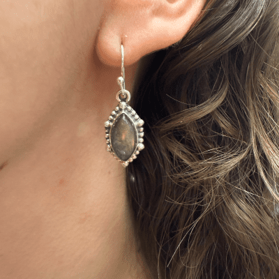 Boucle d'oreille pendante oblongue en pierre brunâtre/verdâtre sur argent.