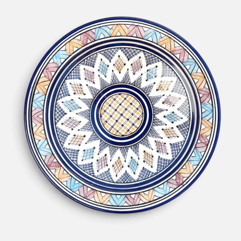 Blue dish with colored pattern, measuring 42 cm, handmade in Morocco.