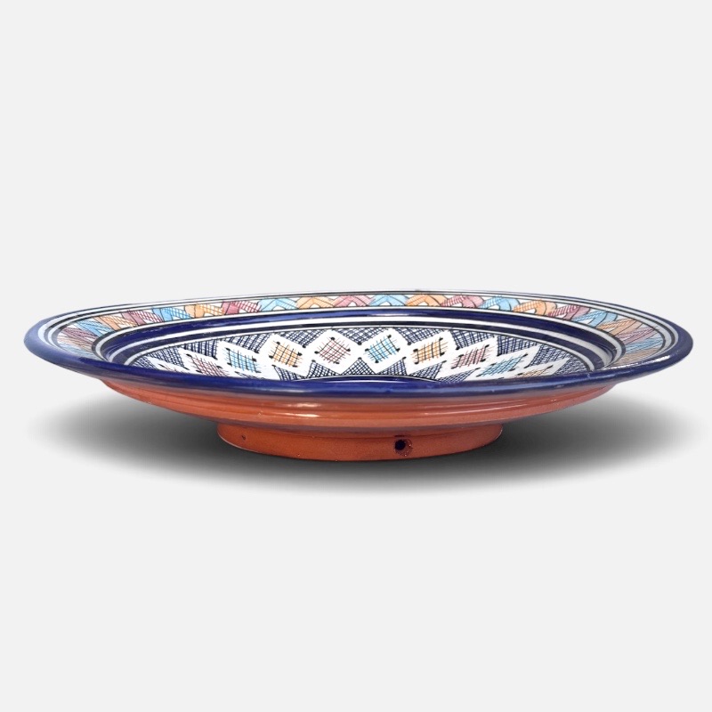Blue dish with colored pattern, measuring 42 cm, handmade in Morocco.
