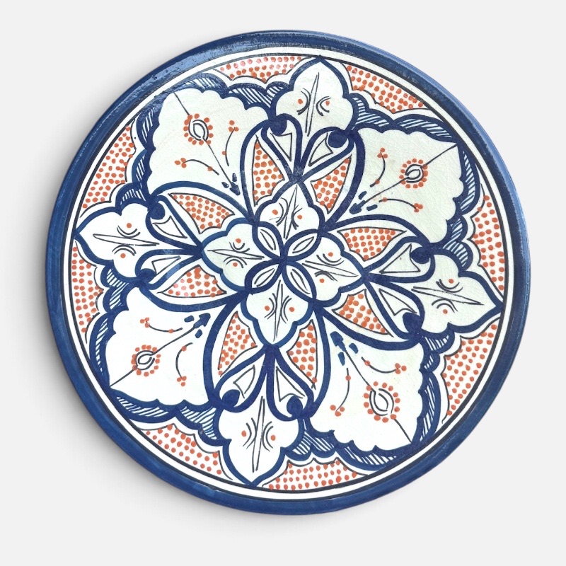 Blue dish with colored pattern and orange details, measuring 42 cm, handmade in Morocco.