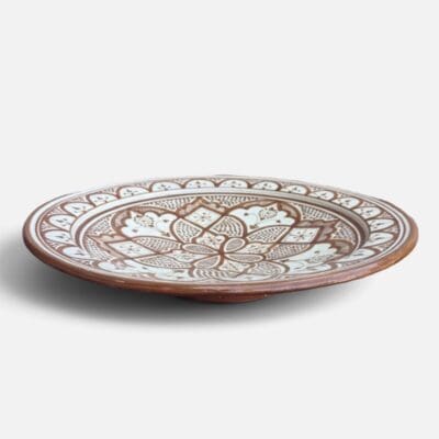 Brown dish with detailed pattern, measures 42 cm, handmade in Morocco.