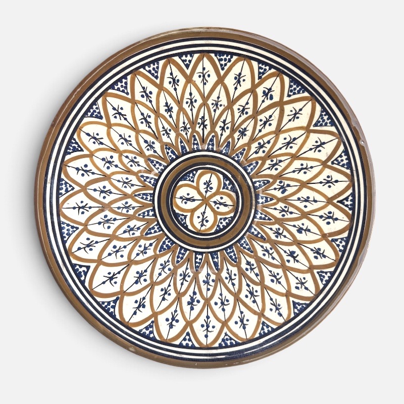 Brown dish with detailed pattern, measures 42 cm, handmade in Morocco.