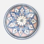 Blue dish with colored pattern and details in orange, measuring 42 cm, handmade in Morocco.