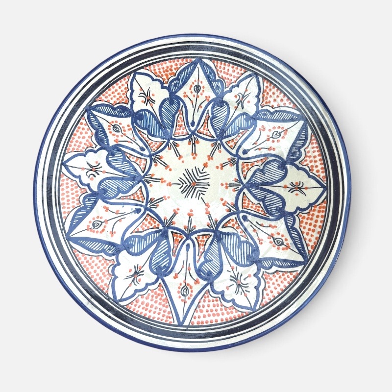 Blue dish with colored pattern and details in orange, measuring 42 cm, handmade in Morocco.