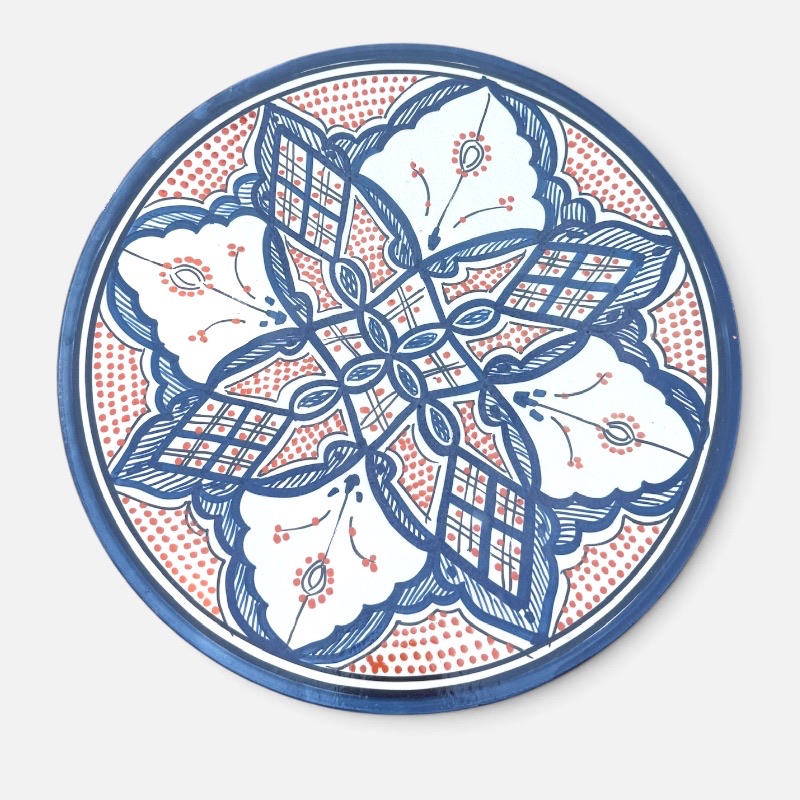 Blue dish with colored pattern and details in orange, measuring 42 cm, handmade in Morocco.